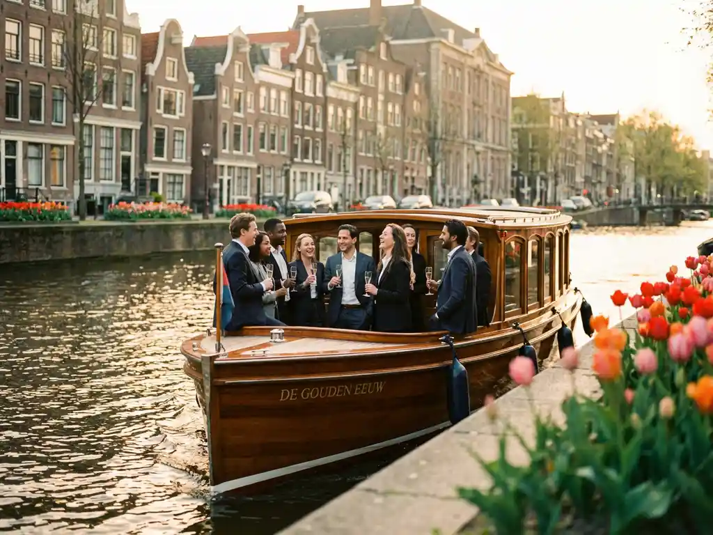 Luxury canal boat with business professionals enjoying champagne glides past historic Dutch gabled houses and colorful tulips in Amsterdam's waterways during golden hour.