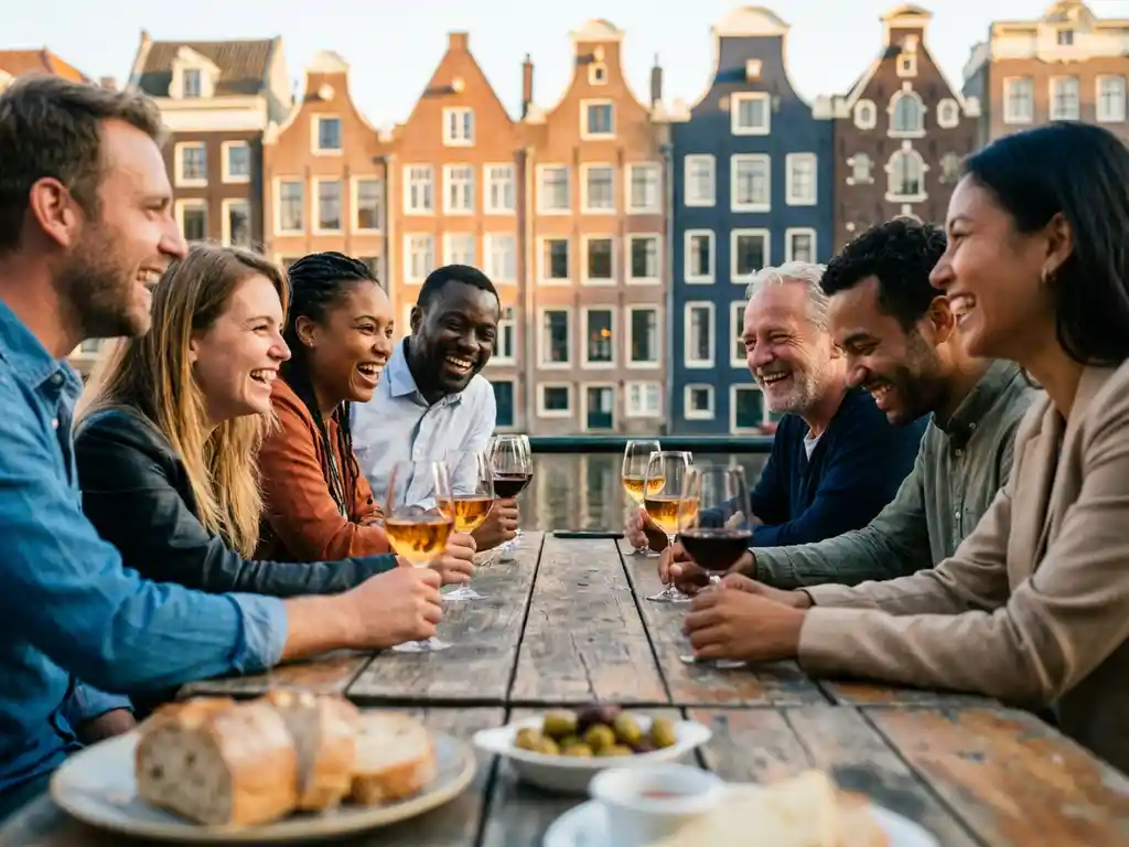 Diverse colleagues laughing around wooden table at Amsterdam canal-side restaurant during golden hour, historic Dutch houses reflected in water