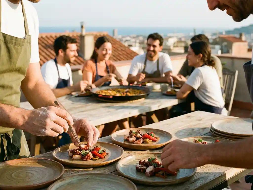Chef plating colorful tapas on ceramic dishes while team shares paella at Barcelona rooftop terrace with Mediterranean coastline