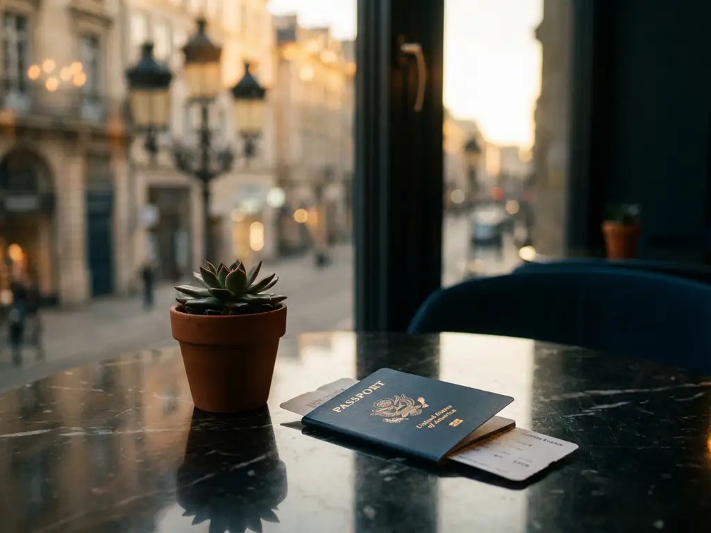 Boarding pass and passport on marble surface next to succulent plant with blurred European city lights through window