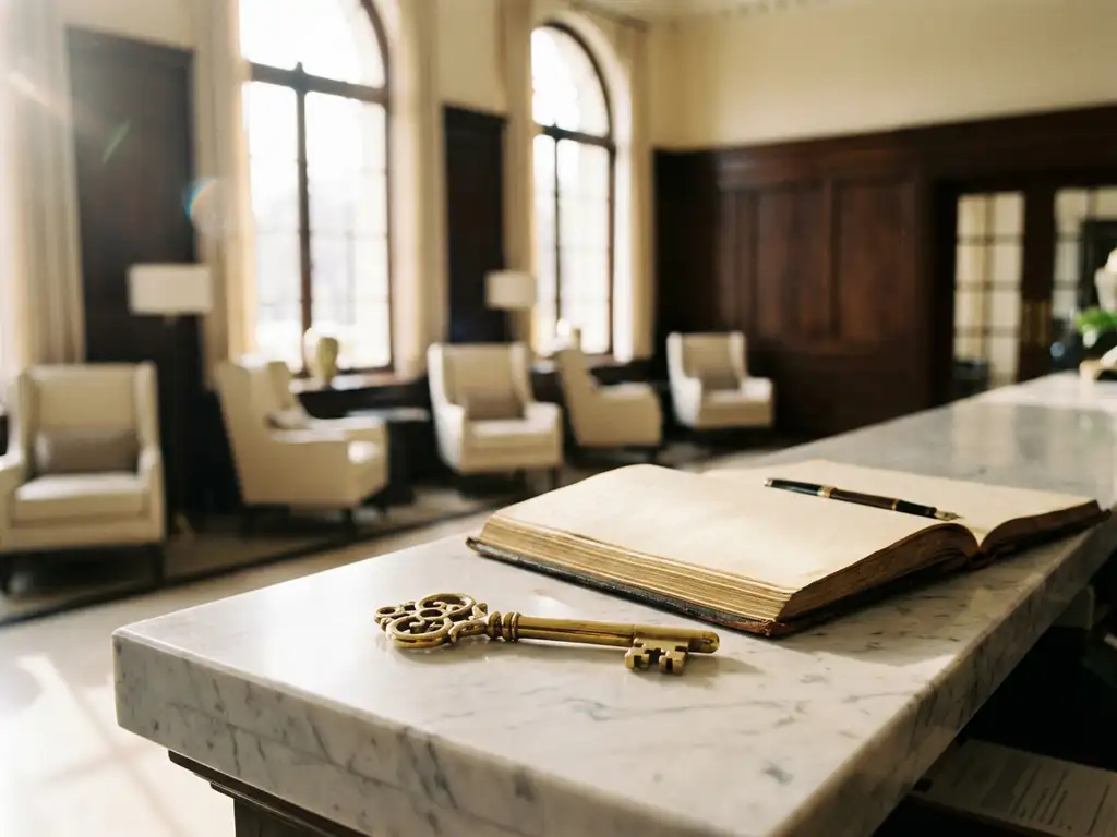 Polished brass key on marble reception desk next to leather guest registry in upscale hotel lobby with natural lighting