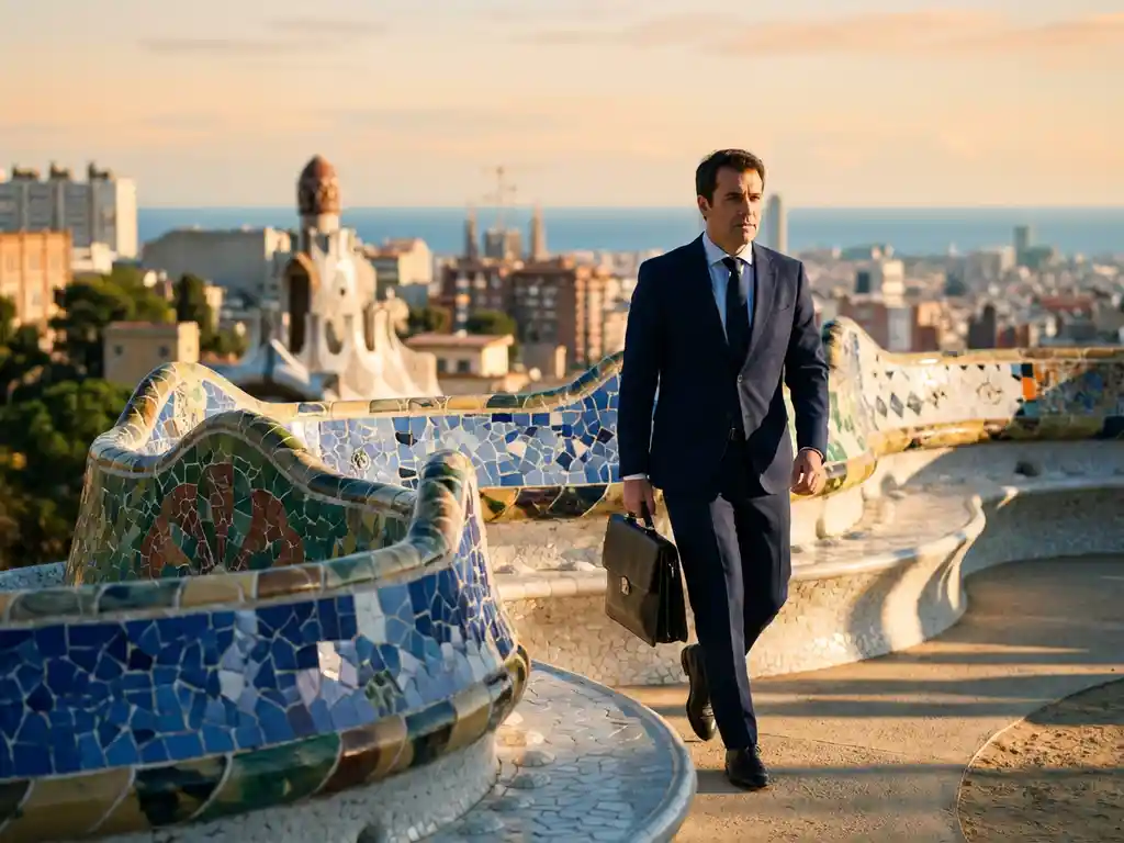 Business professional in navy suit walking along Park Güell's colorful mosaic benches with Mediterranean Sea and Barcelona skyline in background during golden hour