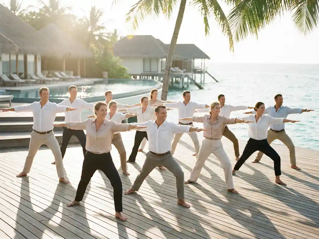 Business professionals in resort attire practice synchronized yoga poses on wooden deck overlooking turquoise ocean waters