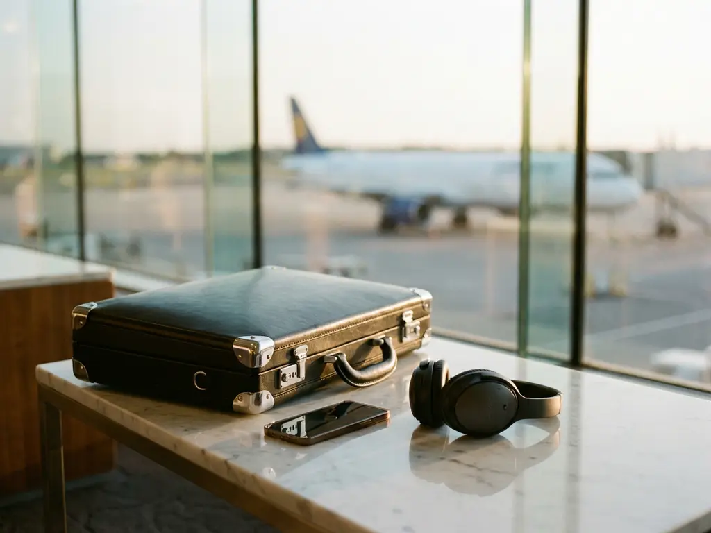 Black leather briefcase with chrome corners on white marble table beside smartphone and headphones in airport lounge with tarmac view