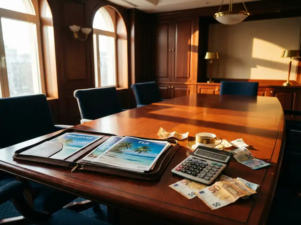 Mahogany conference table with open leather portfolio containing tropical travel brochures, calculator, and scattered euro banknotes in executive boardroom with golden afternoon light.