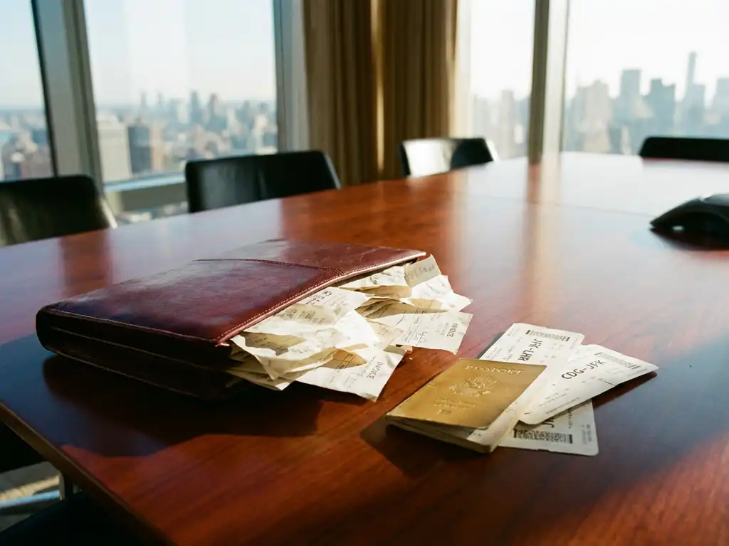 Leather expense folder with receipts and invoices on mahogany table, passport and boarding passes nearby, sunlit office