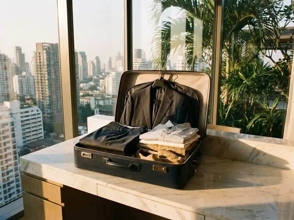 Open suitcase on marble hotel desk with business suit and casual wear, city skyline and palm trees visible through window during golden hour