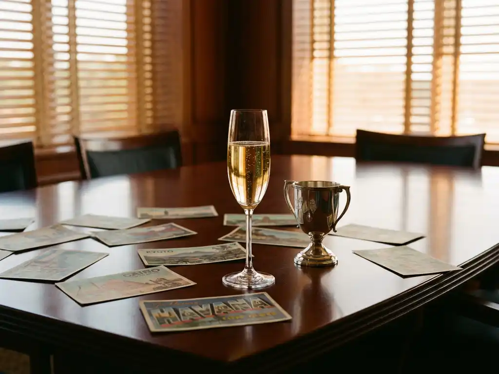 Champagne flute with golden bubbles on mahogany table beside vintage travel postcards and silver trophy in warm sunlight