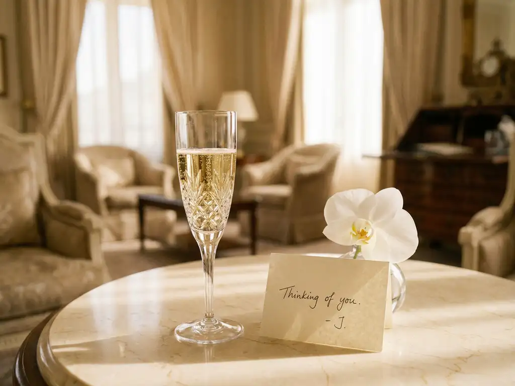 Crystal champagne flute with golden bubbles on marble table beside handwritten note and white orchid in soft natural light