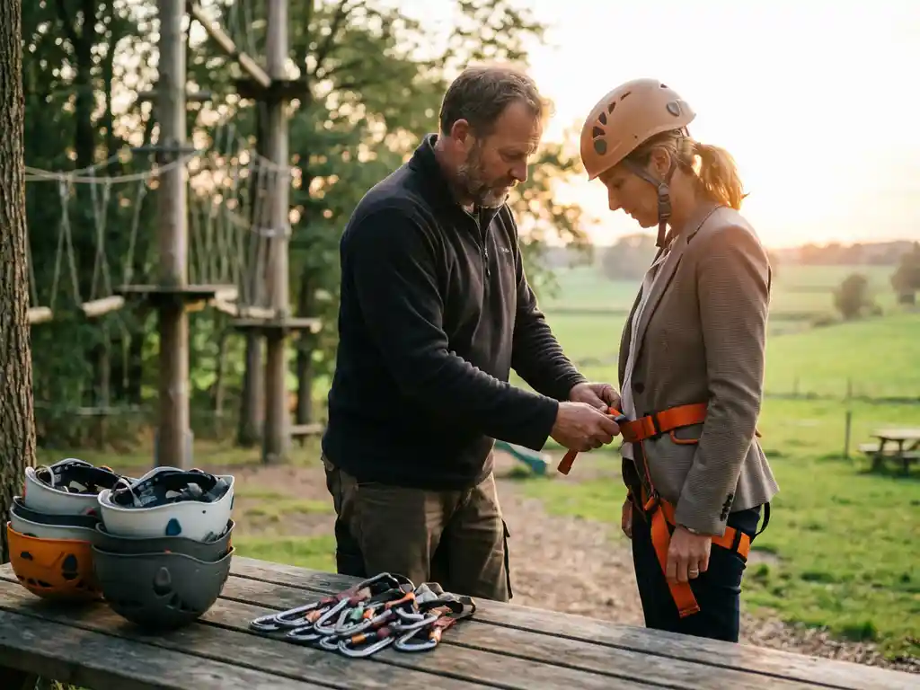 Safety instructor adjusting orange climbing harness on executive at Dutch countryside adventure course with helmets and carabiners on wooden platform