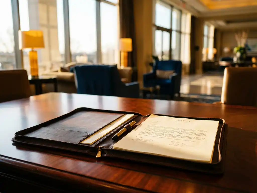 Open leather portfolio with contract documents and gold fountain pen on mahogany conference table, luxury hotel lobby visible through windows