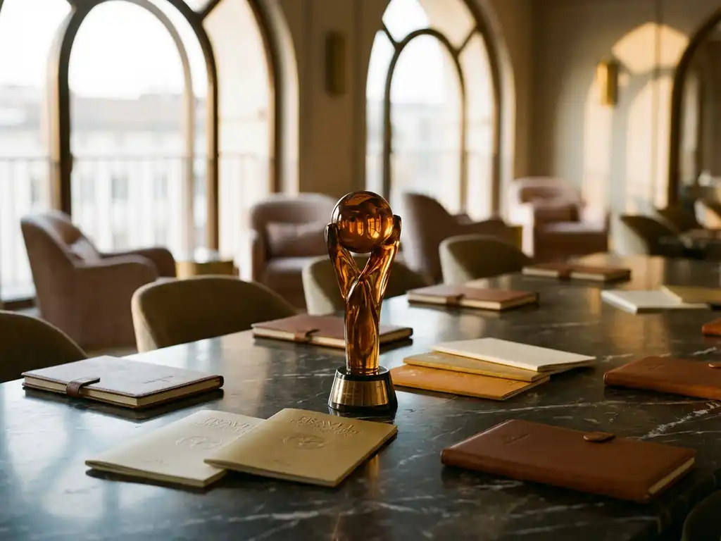 Bronze trophy on marble conference table with luxury travel brochures and event planning materials in golden hour light