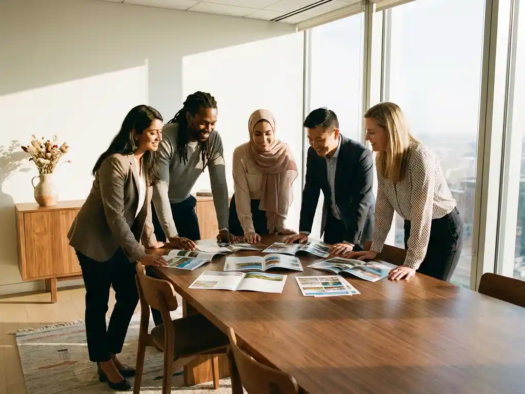 Diverse professionals examining colorful travel brochures and itineraries around wooden conference table in modern meeting room