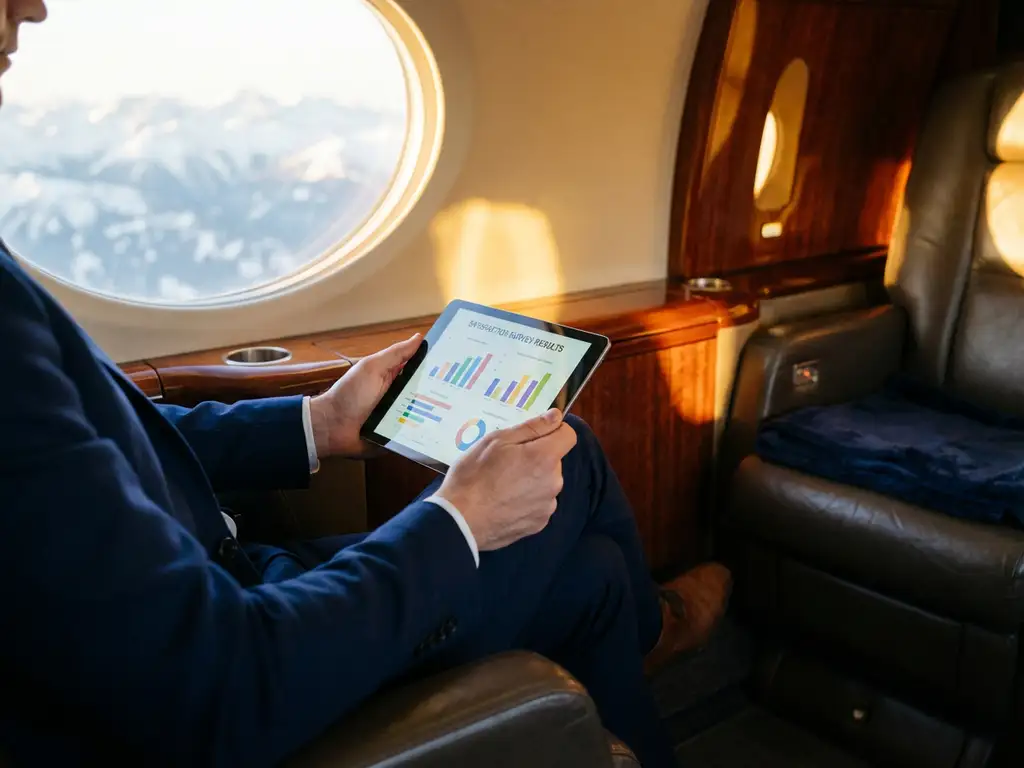 Business professional reviewing colorful satisfaction survey results on tablet while seated in luxury airplane cabin with mountain views and golden sunlight.