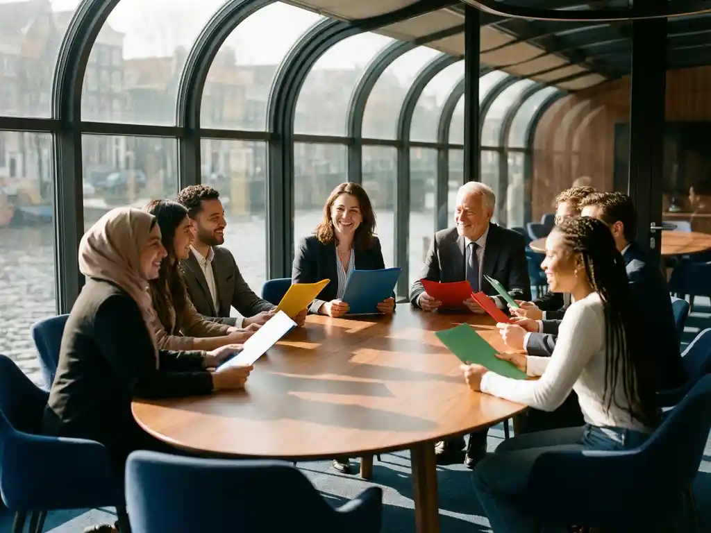 Diverse group of professionals seated around oval conference table holding colorful folders in modern Amsterdam meeting room with natural window lighting