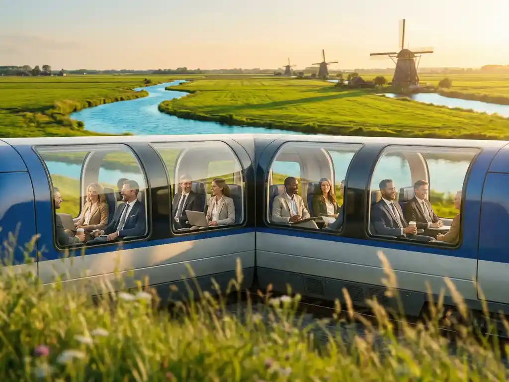 Electric train with business passengers traveling through Dutch countryside with windmills and green meadows during golden hour