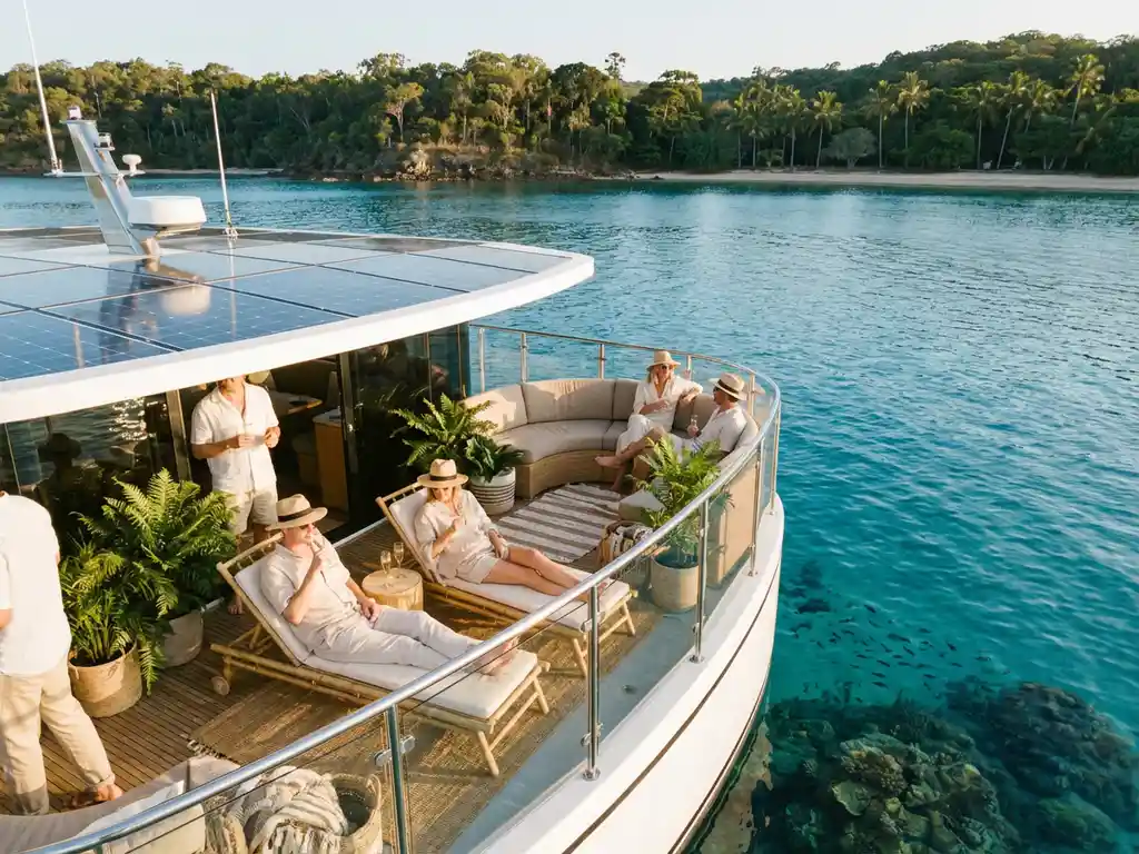 Luxury electric yacht with solar panels cruising turquoise waters near tropical coastline with guests enjoying champagne