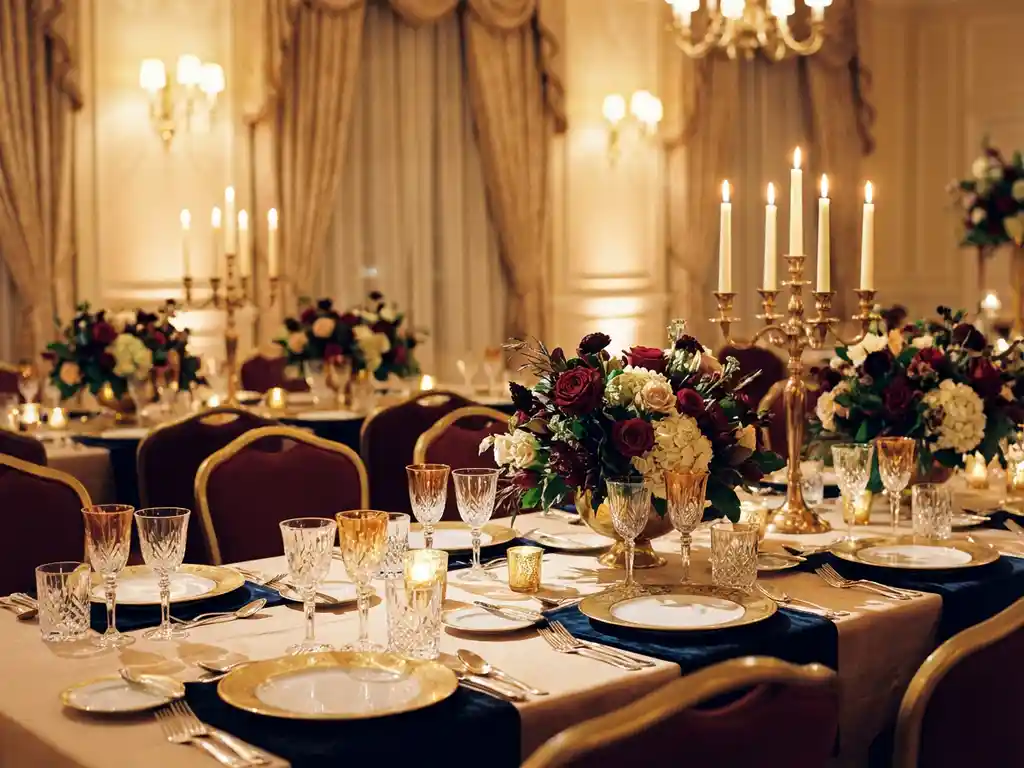 Elegant dining table set with crystal glassware, gold-rimmed porcelain plates, and floral centerpieces for formal gala dinner
