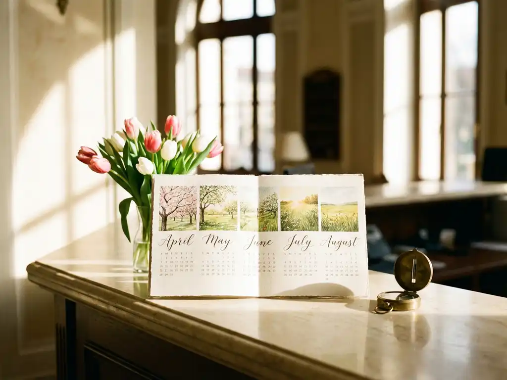 European calendar displaying spring and summer months on marble hotel reception desk with fresh tulips and vintage brass compass