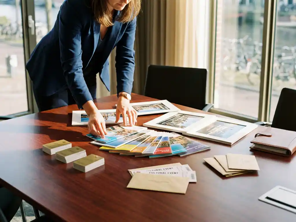 Event coordinator in navy blazer arranging destination brochures and venue photos on mahogany table with hotel keycards in Amsterdam office