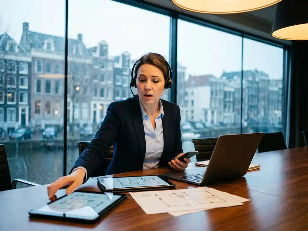Event coordinator in navy blazer speaking into headset while checking devices on conference table, Amsterdam venue with rain-streaked windows behind