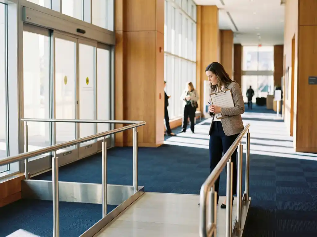 Professional event planner with checklist examining wheelchair-accessible conference room entrance featuring steel handrails and automatic glass doors