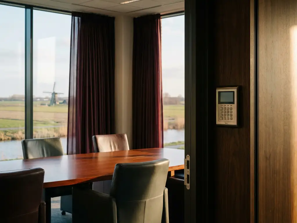 Executive boardroom with mahogany conference table, leather chairs, security keypad on wood paneling, and windows overlooking Dutch landscape