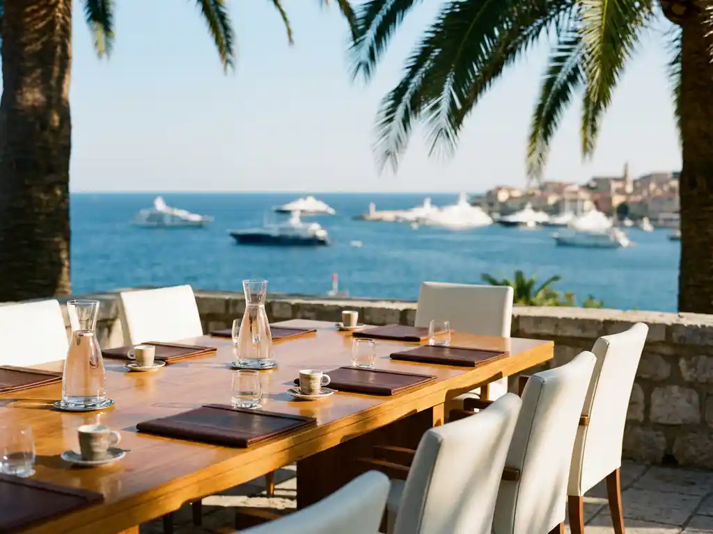 Executive conference table with white chairs on Mediterranean terrace overlooking Cannes coastline with luxury yachts in azure bay