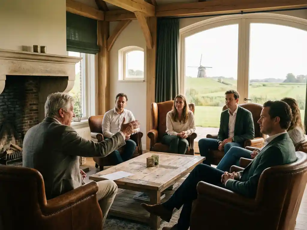 Executive retreat facilitator leading discussion circle with five corporate leaders in leather chairs around wooden table at Dutch countryside venue with green fields visible through windows
