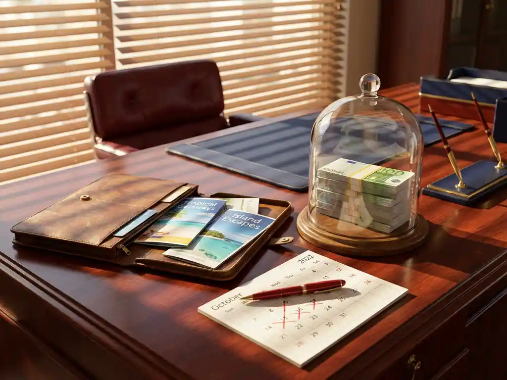 Executive desk with leather portfolio of tropical travel brochures, red pen marking calendar dates, and glass dome protecting Euro banknotes in warm sunlight
