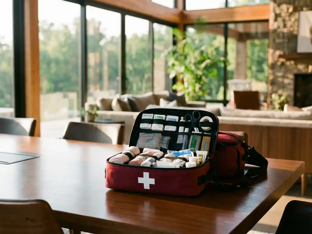 Open first aid kit with red cross on conference table showing organized medical supplies in bright corporate meeting room