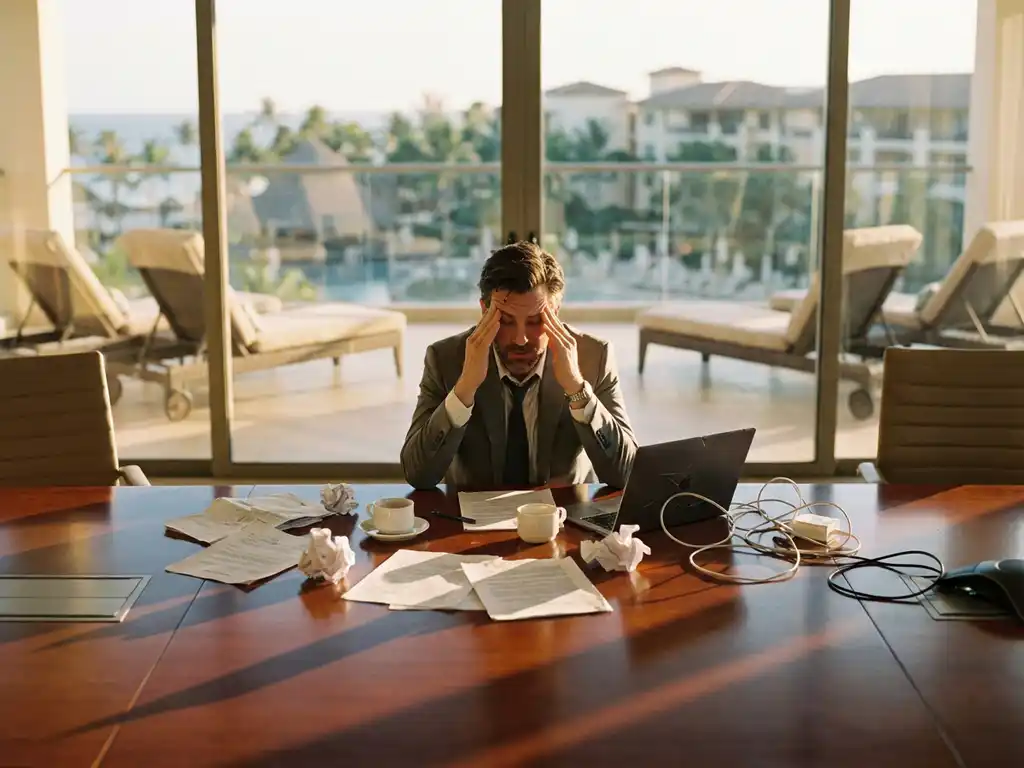 Frustrated executive at chaotic conference table with scattered papers, overturned coffee cups, and broken laptop overlooking luxury resort
