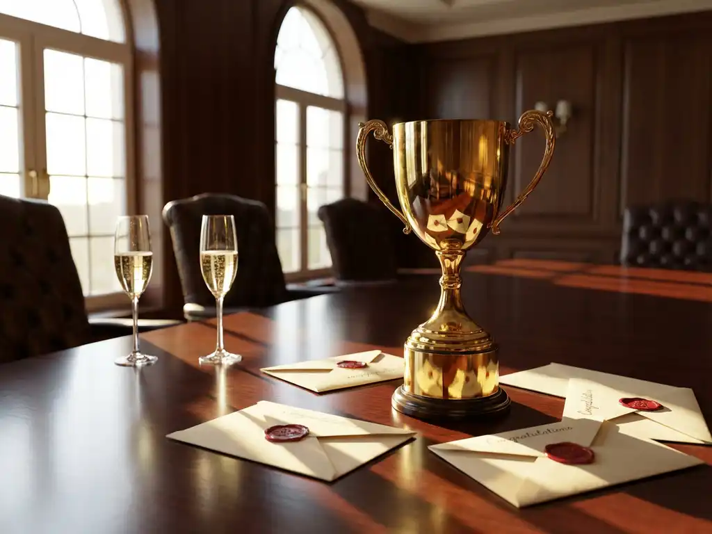 Golden trophy cup on mahogany boardroom table with congratulatory letters, champagne flutes, and warm sunlight streaming through windows.