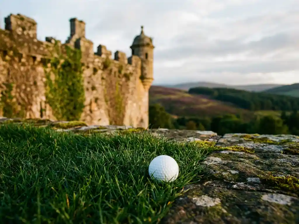 Golf ball on emerald grass beside ancient Scottish castle wall with misty highlands backdrop in golden hour light