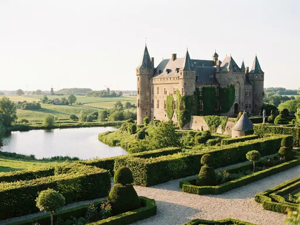 Historic stone castle overlooking tranquil lake with manicured gardens in Dutch countryside during golden hour