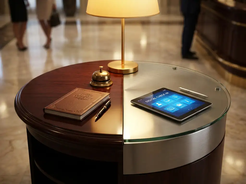 Luxurious hotel concierge desk showcasing traditional mahogany surface with gold bell beside modern digital check-in tablet in elegant lobby