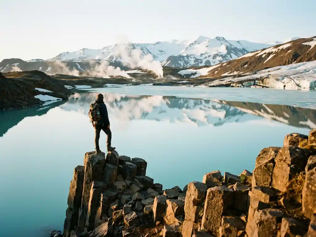 Lone traveler on black volcanic rocks overlooking turquoise glacial lagoon with snow-capped mountains and rising steam at golden hour