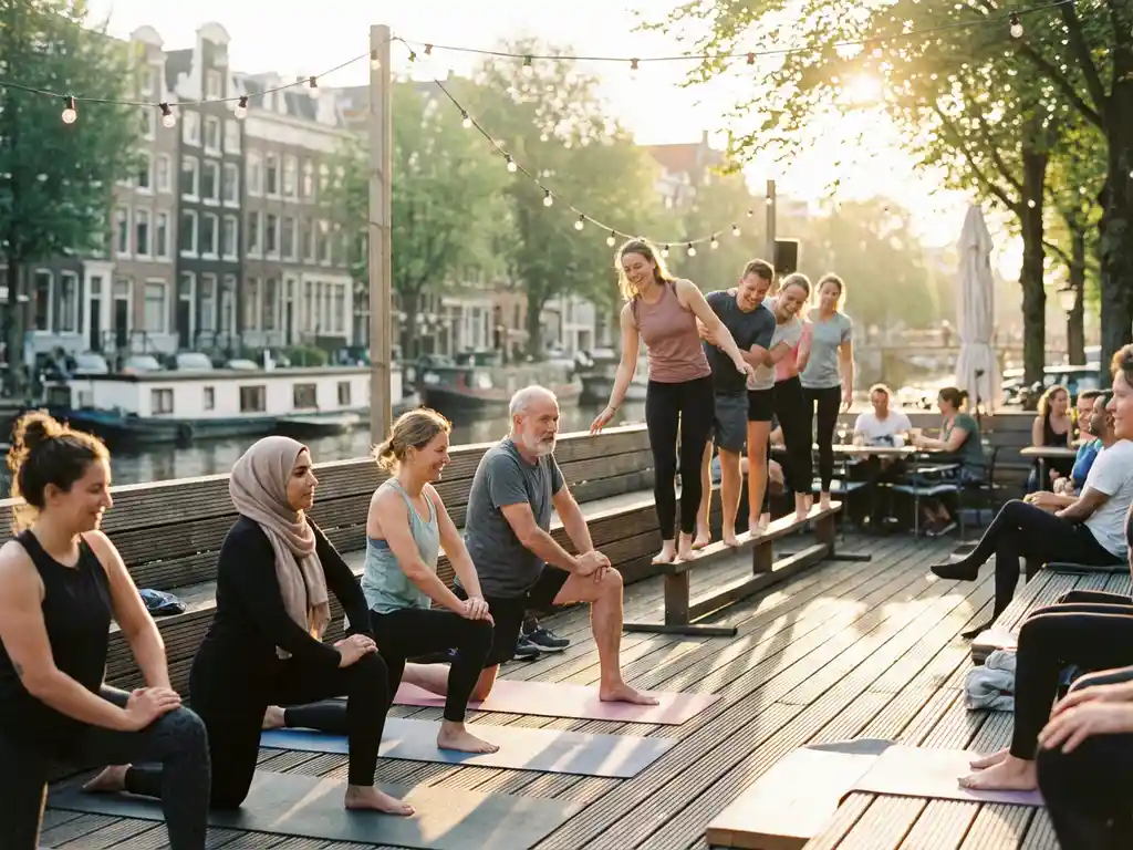 Diverse group practicing yoga and team exercises on sunny Amsterdam canal terrace during golden hour