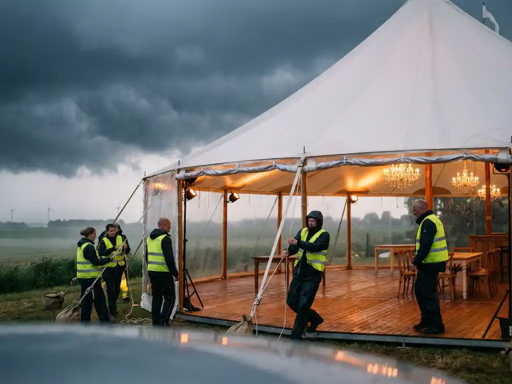 Professional event staff securing luxury white tent with crystal chandeliers and wooden flooring as storm clouds approach Dutch countryside