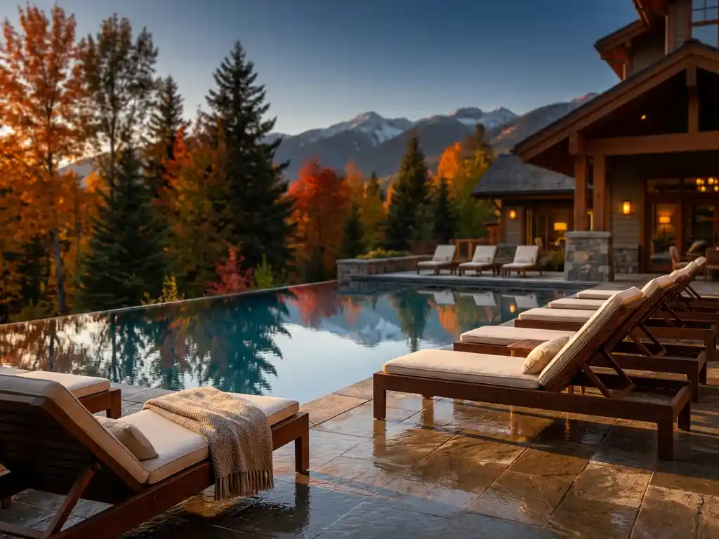 Luxury resort infinity pool with elegant loungers reflecting autumn foliage and snow-capped mountains at golden sunset
