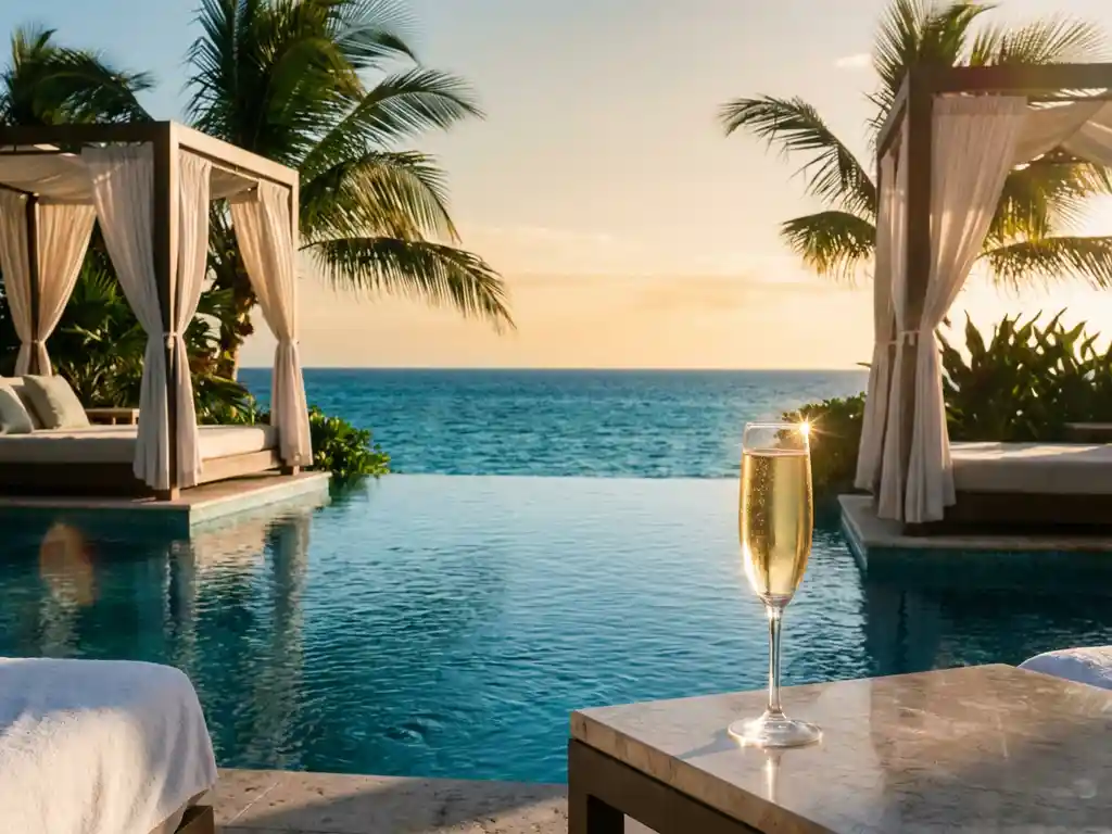 Luxury resort infinity pool overlooking turquoise ocean with poolside cabanas, champagne glass on marble table at sunset