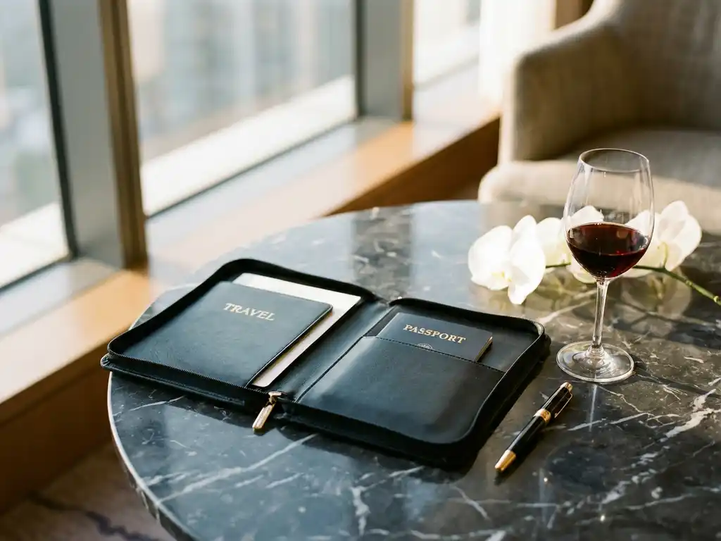 Black leather portfolio open on marble surface with gold-embossed documents, luxury pen, crystal wine glass, and orchid in warm natural light