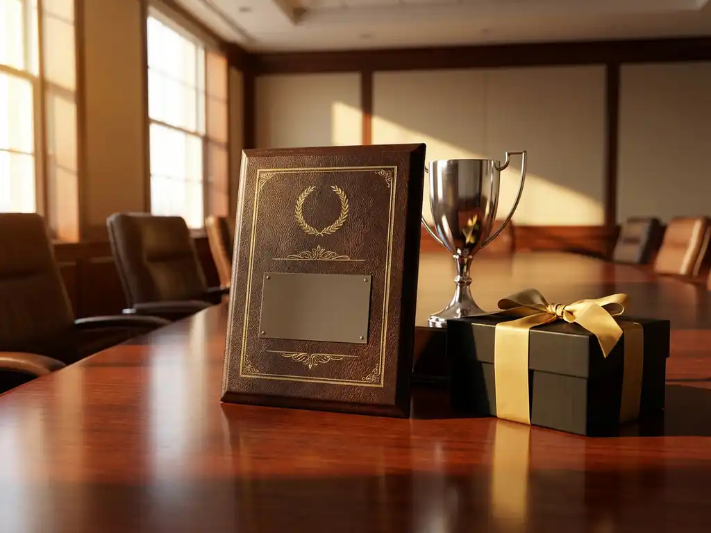Luxury leather recognition plaque on mahogany boardroom table with silver trophy and silk-ribboned gift box in golden sunlight