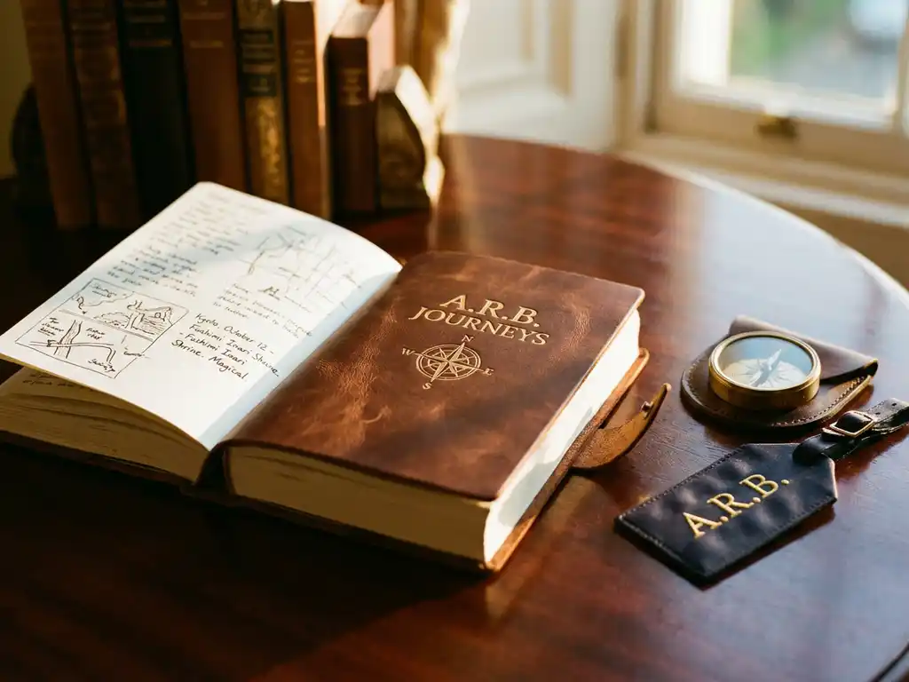 Luxury leather travel journal with gold embossing open on mahogany desk showing handwritten notes, compass, and silk luggage tag in warm light