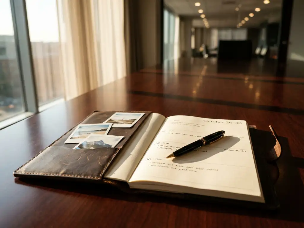 Leather-bound planner open on mahogany conference table with Mont Blanc pen, destination photos, and warm natural light