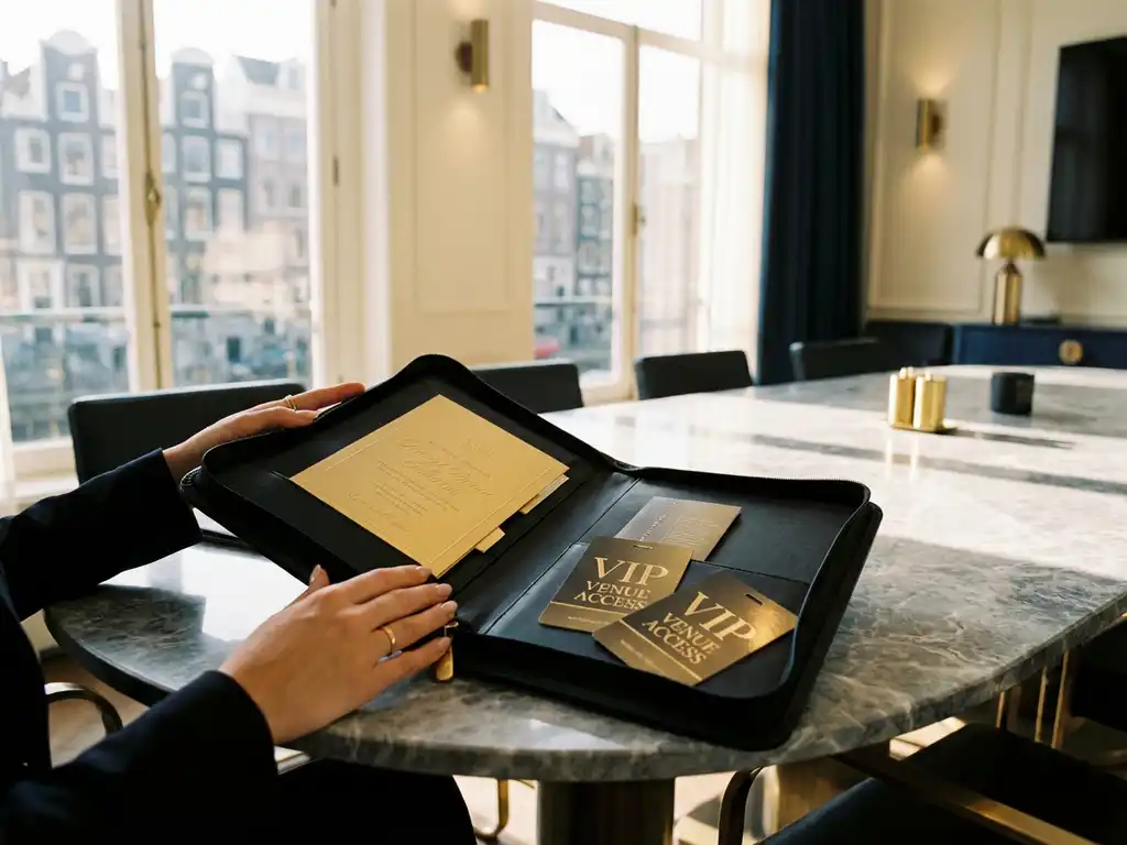 Manicured hands opening black leather portfolio revealing golden embossed invitation cards on marble conference table in upscale Amsterdam boardroom