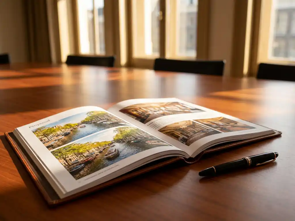 Mahogany conference table with open proposal document featuring Dutch canal photos, Mont Blanc pen, and warm afternoon light through windows