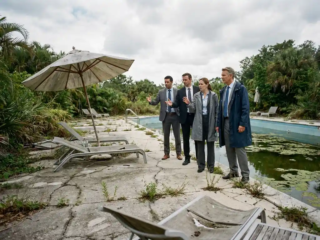 Corporate executives inspect neglected luxury resort pool with cracked deck, broken furniture, and murky water under overcast sky.