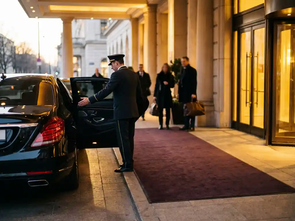 Black luxury sedan arrives at upscale hotel entrance as uniformed concierge welcomes guests on burgundy carpet runner