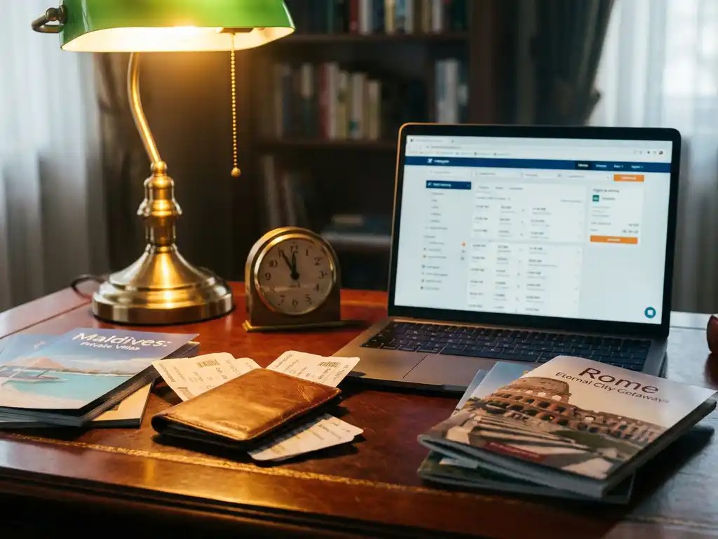 Luxury travel consultant's mahogany desk with open laptop showing flight bookings, boarding passes, brass clock, and destination brochures under warm lamp light